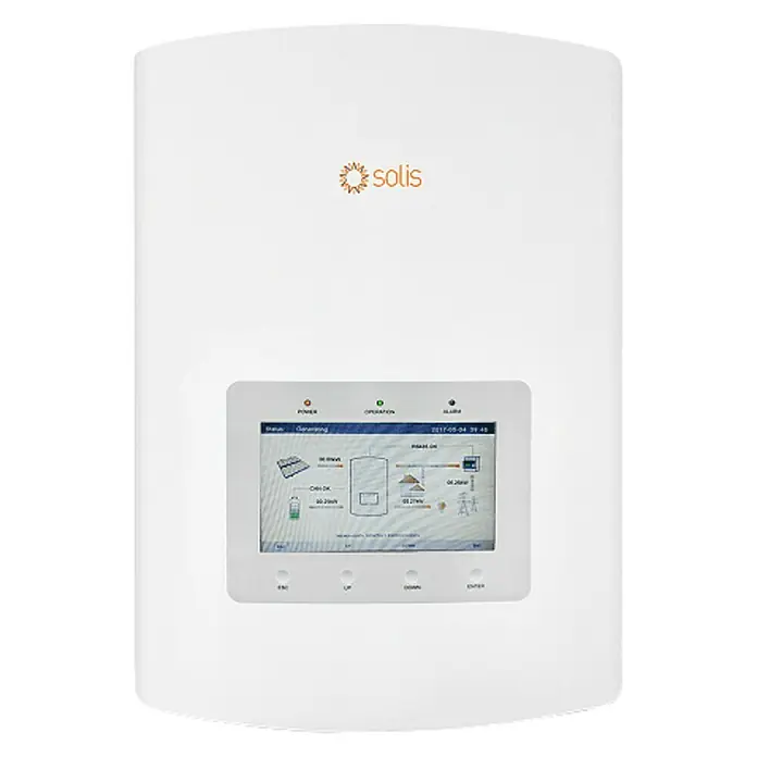 Inversor Híbrido Monofásico Solis - 6 kW, L x An x Al: 24,9 x 33,3 x 50,5 cm - Imagen de un inversor Solis blanco con una pantalla que muestra diversa información. El dispositivo está diseñado para aplicaciones de energía solar.