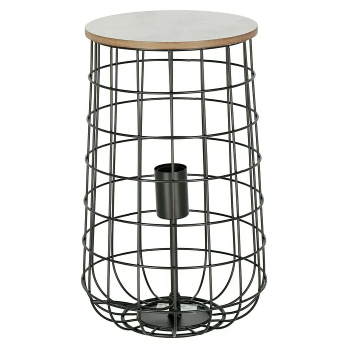 Deko-Tischleuchte - 60 W, E27 - Bild eines Metallkorbtisches mit Holzplatte, ein stilvolles Möbelstück. Das filigrane Design macht ihn zu einem Blickfang in jedem Raum.