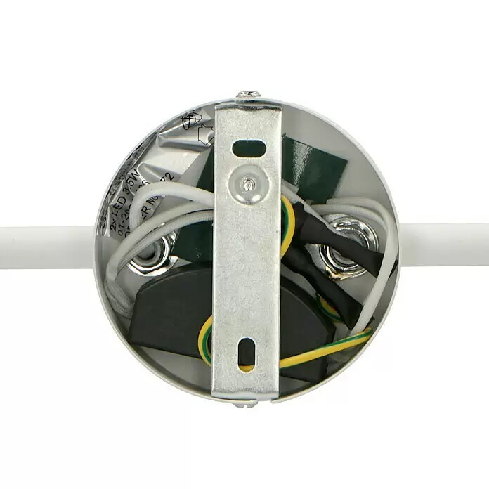 Reality Leuchten LED-Deckenstrahler Toulouse - 3 W, L x B x H: 9 x 34 x 17 cm, Weiß, Warmweiß, Anzahl Leuchtmittel: 2 Stk. - Rückseite einer runden Leuchtenbasis mit interner Verkabelung und Montagehalterung aus Metall.