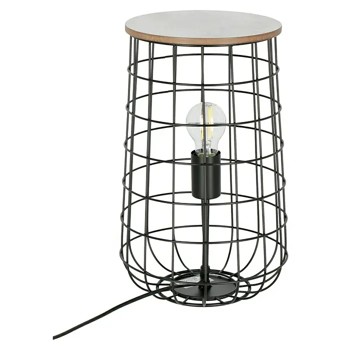 Deko-Tischleuchte - 60 W, E27 - Nahaufnahme einer modernen Tischleuchte mit einem Lampenschirm aus Metalldraht und einer Glühbirne.