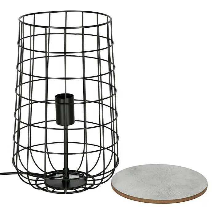 Deko-Tischleuchte - 60 W, E27 - Elegante schwarze Tischleuchte mit einem zylindrischen Drahtgestell und einem Sockel aus Beton, die jedem Raum einen Hauch von modernem Stil verleiht.
