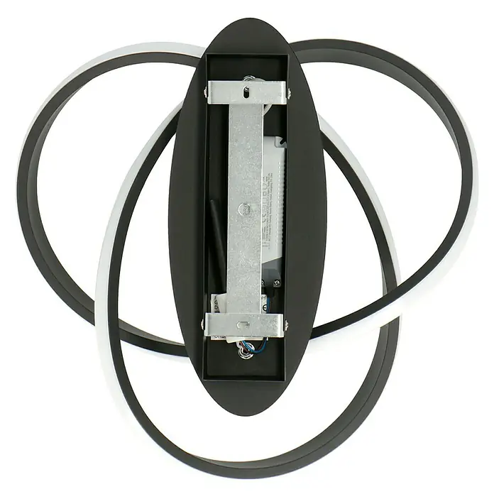 Reality Leuchten Course LED-Deckenleuchte - 18 W, Schwarz, Warmweiß - Moderne LED-Wandleuchte mit drei ineinander verschlungenen Ringen und schwarzer Rückplatte, ideal für stilvolle Innenräume.