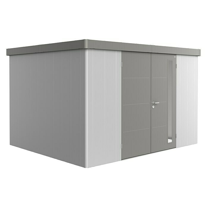 Gerätehaus Neo 3DAußenbreite inkl. Dachüberstand: 348 cm, Außentiefe inkl. Dachüberstand: 292 cm, Stahl, Silber-Metallic/ Quarzgrau-Metallic, Doppeltür Diagonal View