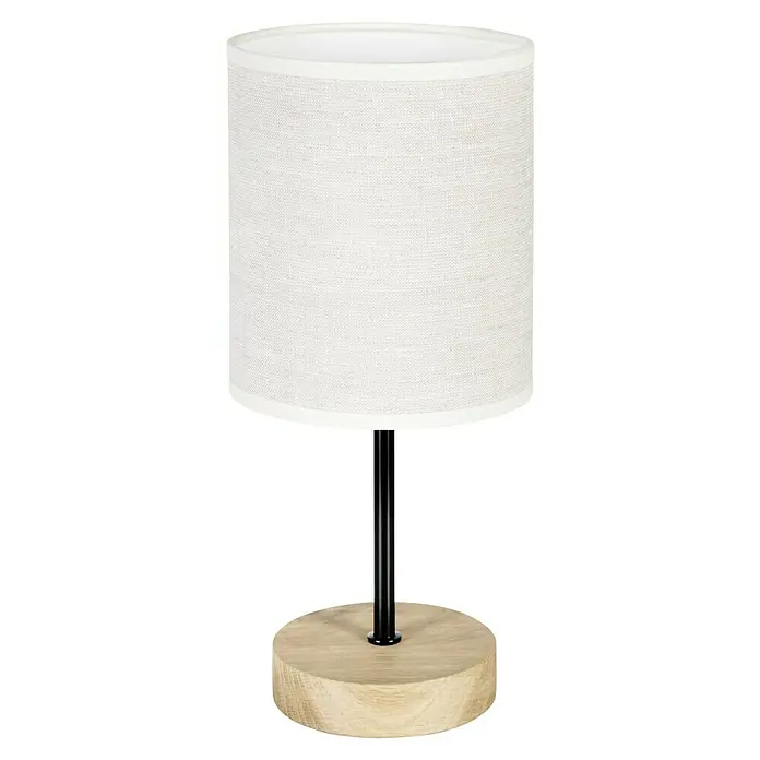 Britop Lighting Boho Tischleuchte - 25 W, L x B x H: 13 x 13 x 29 cm, Schwarz, Beige, E27 - Nahaufnahme einer Nachttischlampe mit einem weißen Lampenschirm und einem runden Holzsockel. Die Lampe hat ein schlankes, modernes Design.