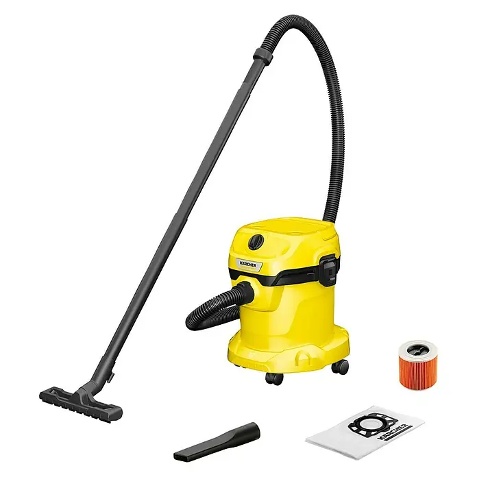 Kärcher Aspirador en seco y húmedo eléctrico WD 2 Plus - 1.000 W, Volumen de recipiente: 15 l, Con bolsa - Imagen de un aspirador amarillo Kärcher para sólidos y líquidos con accesorios sobre fondo negro.