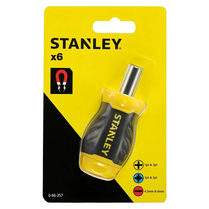 Stanley Vergaser Schraubendreher Stubby 0-66-357 - 8 -tlg. - Stanley Schraubendreher-Set mit sechs Teilen. Magnetischer Schraubendreher mit gelb-schwarzem Griff für verschiedene Schraubengrößen.