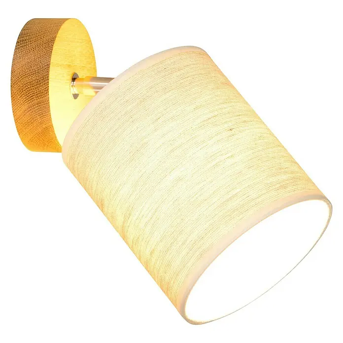 Britop Lighting Boho Wandleuchte - 25 W, L x B x H: 13 x 25 x 20 cm, Eiche, Beige, E27 - Elegante Wandleuchte mit Holzsockel und Stoffschirm, die warmes Licht spendet. Ideal für Wohn- und Schlafbereiche.