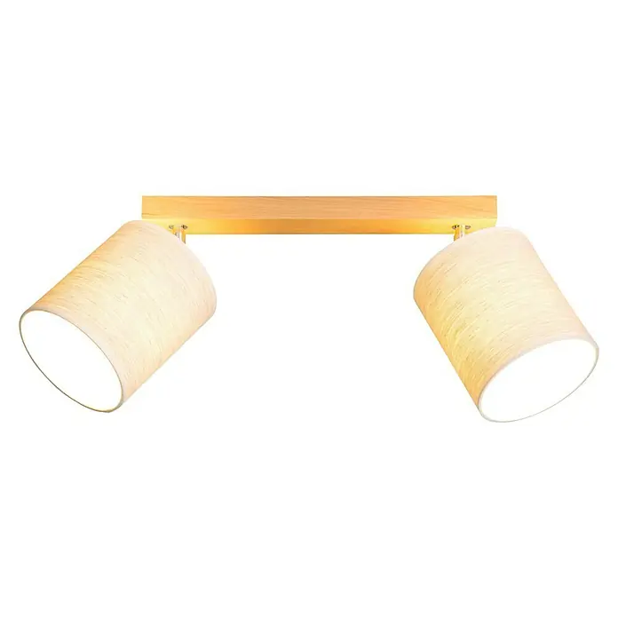 Britop Lighting Boho Deckenstrahler - 25 W, L x B x H: 52 x 13 x 25 cm, Eiche, Beige, E27, 2 Stk. - Zwei helle Stofflampen sind an einer Holzleiste befestigt und spenden warmes Licht. Das Design ist modern und minimalistisch.
