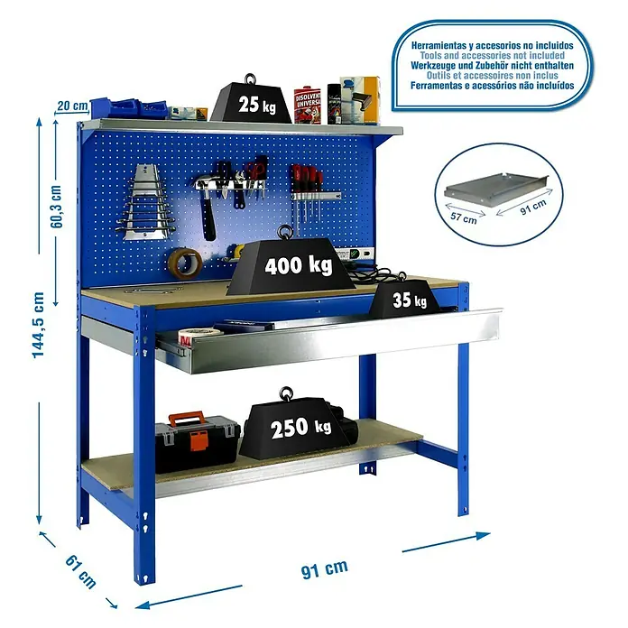 Simonrack Simonwork Werkbank BT3 Box 900 - L x B: 61 x 91 cm, Arbeitshöhe: 144,5 cm, Belastbarkeit: 400 kg, Blau - Abbildung einer Werkbank mit den Maßen 144,5 cm Höhe, 61 cm Tiefe und 91 cm Breite. Werkzeuge und Zubehör sind nicht enthalten.