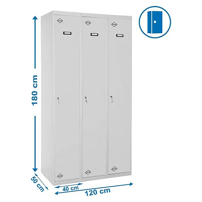 Simonrack Simonlocker Taquilla Prof. Single-Divider - L x An x Al: 50 x 120 x 180 cm, Número de puertas: 3 ud., Gris/Gris - Imagen de una taquilla de acero gris con tres compartimentos e indicaciones de dimensiones. Ideal para vestuarios, ofrece mucho almacenamiento en poco espacio.
