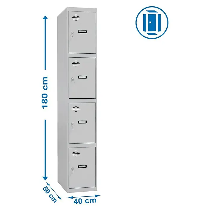 Simonrack Simonlocker Taquilla locker Prof. Inicial Desmontada - L x An x Pr: 50 x 40 x 50 cm, Gris/Gris, Número de puertas: 4 ud. - Imagen de un armario metálico gris con cuatro compartimentos, detallando sus dimensiones: 180 cm de alto, 50 cm de profundidad y 40 cm de ancho.