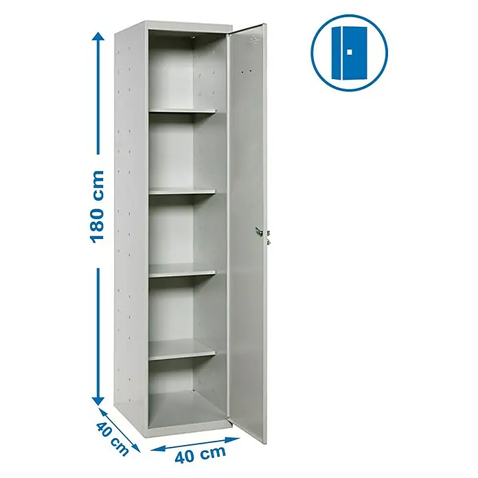 Simonrack Simonlocker Armario multiusos metálico Cabinet - L x An x Al: 40 x 40 x 180 cm, Gris, Número de puertas: 1 ud., Completamente montado - Presentación del producto: un casillero metálico gris con una puerta abierta, que muestra cinco estantes. Las dimensiones son 180 cm de alto y 40 x 40 cm de ancho.