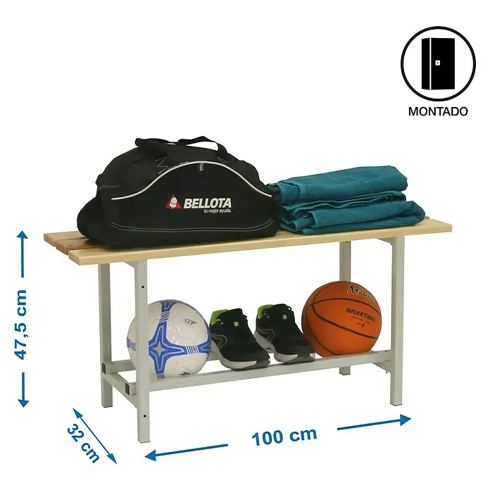 Simonrack Simonlocker Banco de vestuario Wood Montado - L x An x Al: 32 x 100 x 47,5 cm, Taller - Vista del producto de un banco de vestuario con dos estantes, sobre los que se colocan equipos deportivos y toallas, con dimensiones.