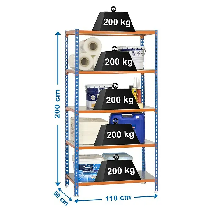 Simonrack Simonclick Metallregal Simonclick Super Plus - H x B x T: 200 x 110 x 50 cm, Traglast pro Boden: 200 kg, Anzahl Böden: 5 Stk., Stecken, Blau/Orange/Silber - Ansicht eines Schwerlastregals mit fünf Ebenen und maximaler Belastbarkeit, dargestellt durch Gewichte.