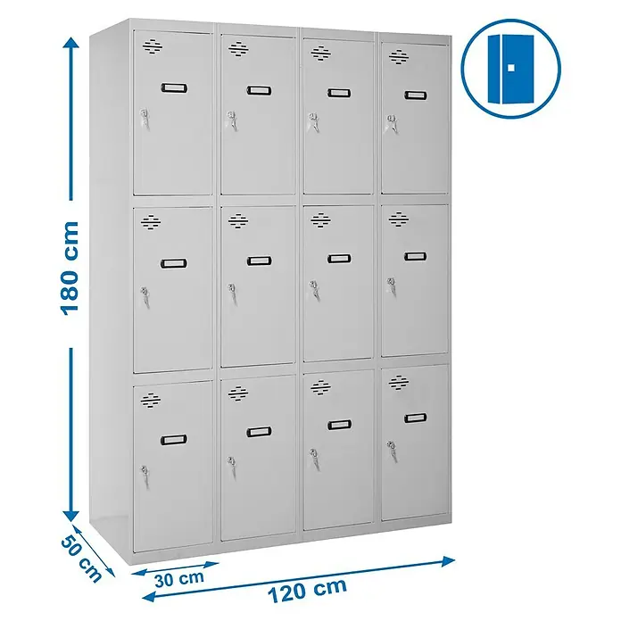 Simonrack Simonlocker Taquilla locker Doors - L x An x Al: 50 x 120 x 180 cm, Gris/Gris, Número de puertas: 12 ud. - Imagen de una taquilla metálica gris que mide 180 x 120 x 50 cm, ideal para un almacenamiento seguro en diversos entornos.