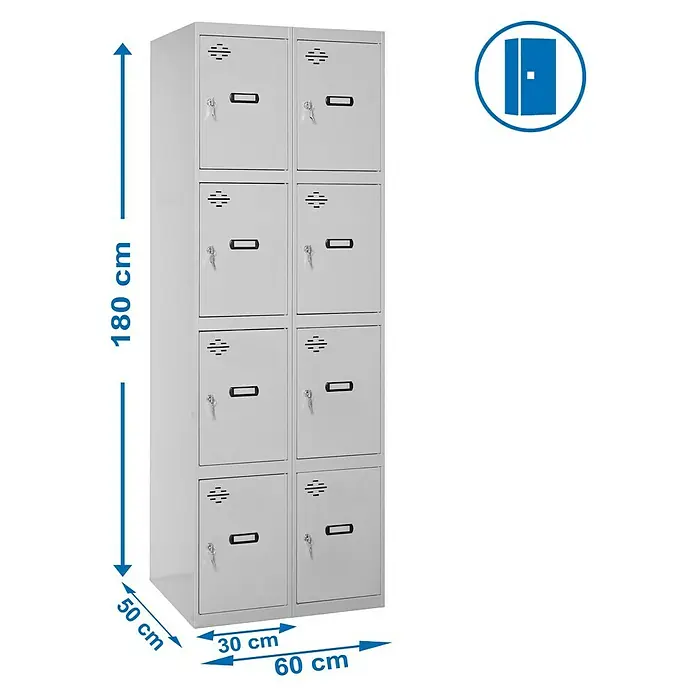 Simonrack Simonlocker Taquilla locker Prof. Doors - L x An x Al: 50 x 60 x 180 cm, Número de puertas: 8 ud., Gris/Gris - Imagen del producto de un armario de taquillas gris con ocho compartimentos y dimensiones, ideal para oficina o escuela.
