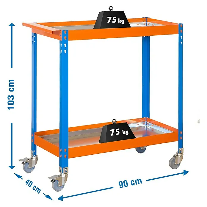 Simonrack Werkstattrollwagen Simonwork - L x B x H: 40 x 90 x 103 cm, Metall, Blau/Orange - Abbildung eines blauen und orangefarbenen Werkstattwagens mit zwei Ablagen und Gewichtsangaben.