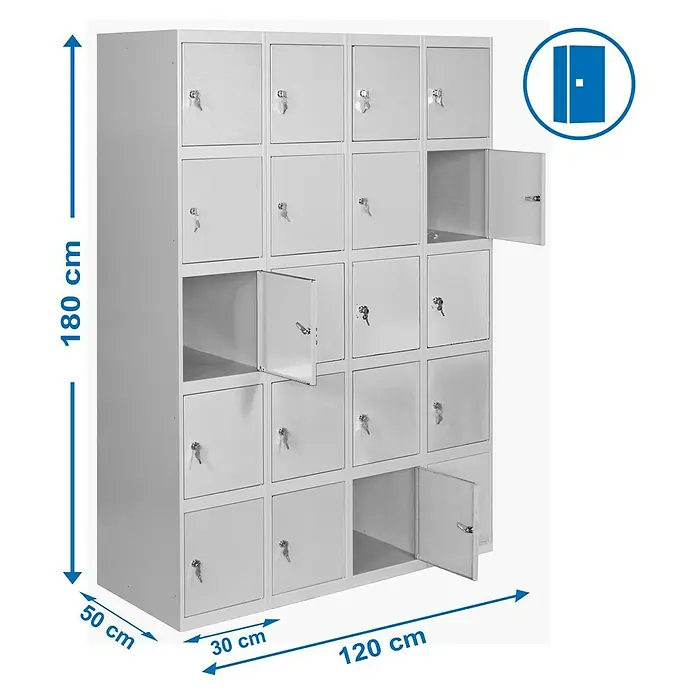 Simonrack Simonlocker Taquilla locker Prof. Doors - L x An x Al: 50 x 120 x 180 cm, Gris/Gris, Número de puertas: 20 ud. - Imagen de un armario taquillero gris con las dimensiones mostradas.