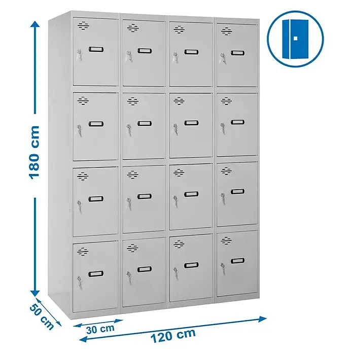 Simonrack Simonlocker Taquilla locker Prof. Doors - L x An x Al: 50 x 120 x 180 cm, Gris/Gris, Número de puertas: 16 ud. - Un armario metálico gris con dieciséis compartimentos, que mide 180 cm de alto, 120 cm de ancho y 50 cm de profundidad.