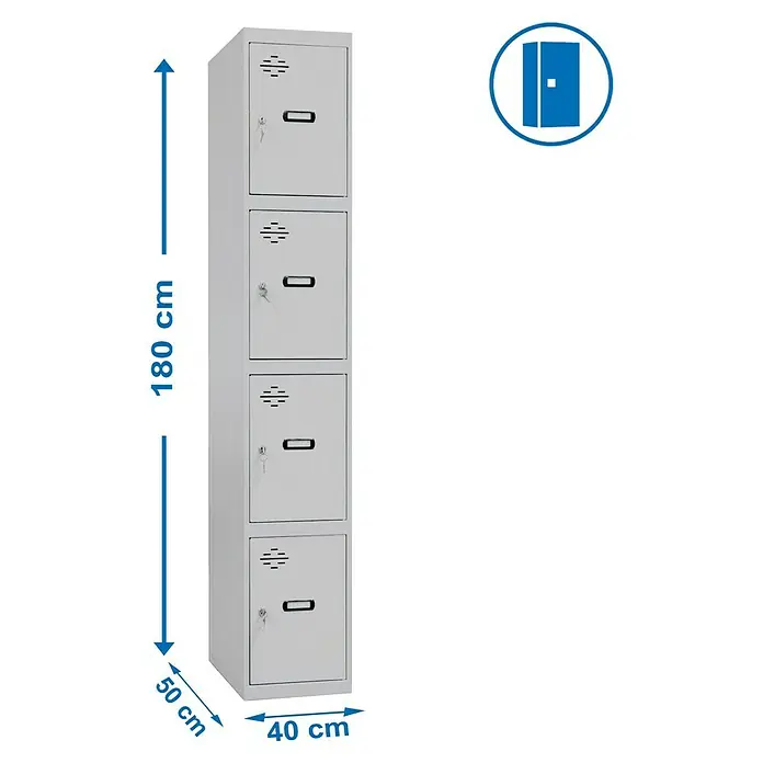Simonrack Simonlocker Taquilla locker Prof. Doors - L x An x Al: 50 x 40 x 180 cm, Gris/Gris, Número de puertas: 4 ud. - Imagen de un armario metálico gris con cuatro compartimentos e indicaciones de tamaño.