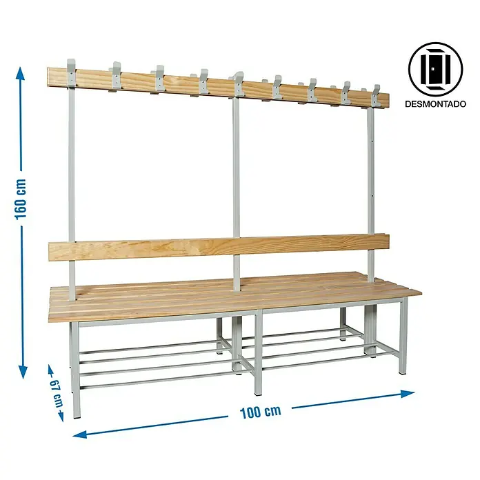 Simonrack Simonlocker Umkleide-Sitzbank SR 8/1000 - L x B x H: 67 x 100 x 160 cm - Bild einer Umkleidebank mit Hakenleiste, ideal für Sportumkleiden. Die Bank ist 100 cm breit und 67 cm hoch.