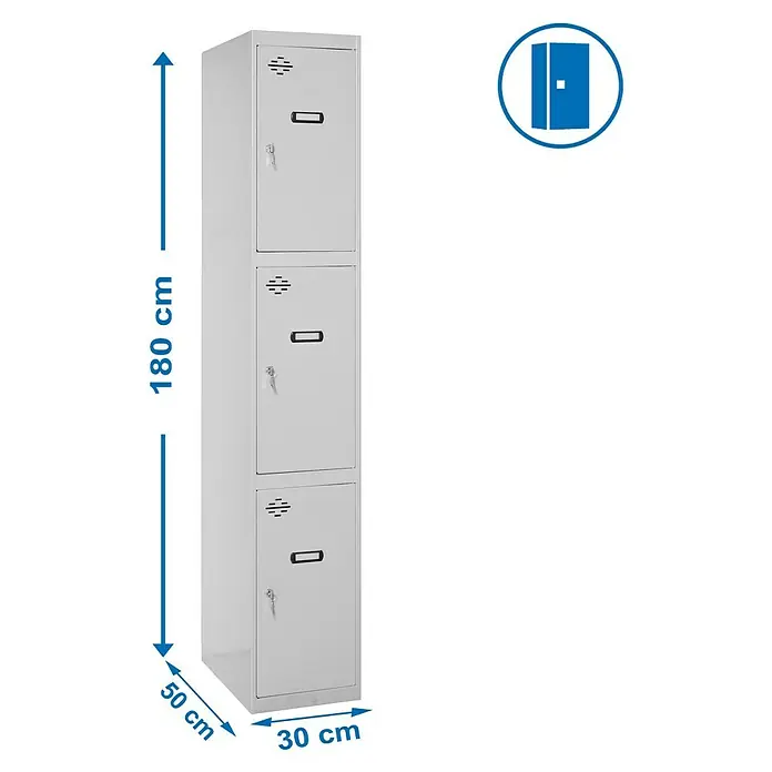 Simonrack Simonlocker Taquilla locker Prof. Doors - L x An x Al: 50 x 30 x 180 cm, Número de puertas: 3 ud. - Foto de un armario metálico gris de tres puertas con unas dimensiones de 180 cm de alto, 50 cm de fondo y 30 cm de ancho.