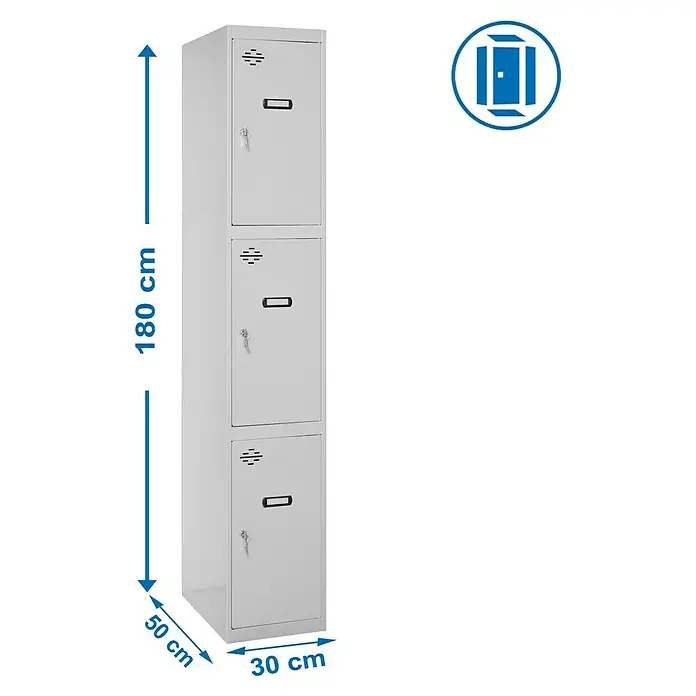 Simonrack Simonlocker Taquilla Doors Inicial Desmontada - L x An x Al: 50 x 30 x 180 cm, Número de puertas: 3 ud., Gris/Gris - Imagen de una taquilla metálica de tres puertas en color gris claro, dimensiones 180 cm de alto, 50 cm de fondo y 30 cm de ancho.