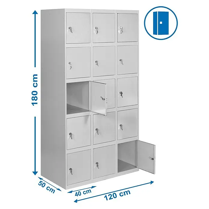 Simonrack Simonlocker Taquilla locker Prof. Doors - L x An x Al: 50 x 120 x 180 cm, Gris/Gris, Número de puertas: 15 ud. - Imagen de un armario de acero con 16 compartimentos en gris, con dimensiones de 180cm de alto, 50cm de profundidad y 120cm de ancho.