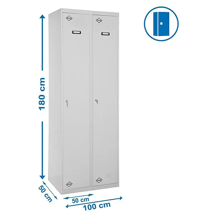 Simonrack Simonlocker Taquilla Prof. Single-Divider - L x An x Al: 50 x 100 x 180 cm, Número de puertas: 2 ud., Gris/Gris - Dos taquillas metálicas con cerradura, perfectas para la oficina o el vestuario. Construcción robusta, 180 cm de alto, 100 cm de ancho y 50 cm de profundidad.
