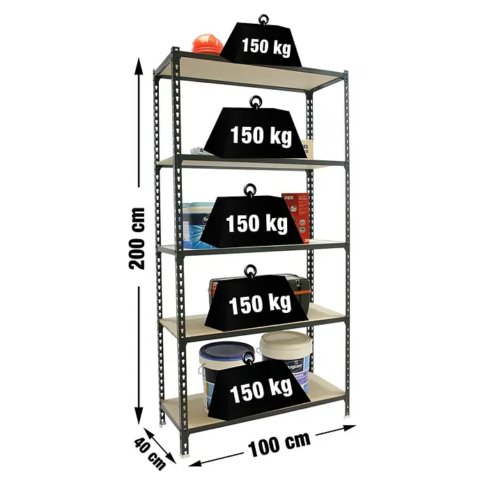 Simonrack Maderclick Estantería metálica Plus - Al x An x Pr: 200 x 100 x 40 cm, Capacidad de carga por balda: 150 kg, Número de baldas: 5 ud., Inserción, Gris antracita - Ilustración de una estantería metálica negra con cinco baldas cargadas con pesos de 150 kg. Se indican las dimensiones de la estantería.