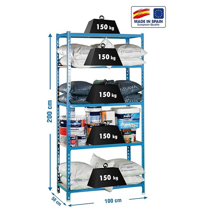Simonrack Estantería para cargas pesadas Plus 5/500 (L x An x Al: 50 x 100 x 200 cm, Capacidad de carga: 150 kg/balda, Número de baldas: 5 ud., Azul)