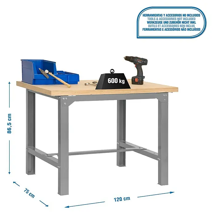 Simonrack Simonwork Werkbank BT-6 Plywood 1200 - L x B: 120 x 75 cm, Arbeitshöhe: 86,5 cm, Belastbarkeit: 600 kg, Grau - Werkbank mit Werkzeugen und Zubehör. Die Werkbank ist robust und bietet viel Platz zum Arbeiten. Maximale Traglast von 600 kg.