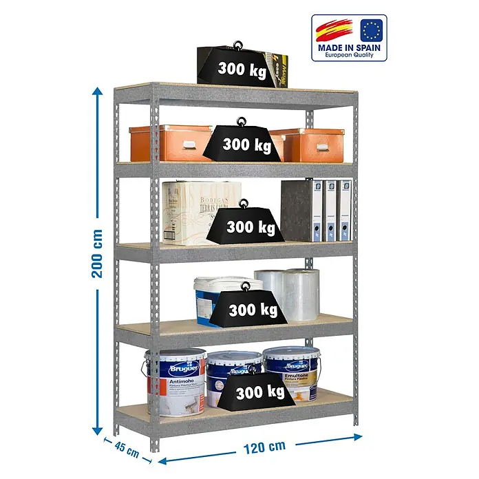 Simonrack Bricoforte Estantería para cargas pesadas Chipboard - Al x An x Pr: 200 x 120 x 45 cm, Capacidad de carga por balda: 300 kg, Número de baldas: 5 ud., Inserción, Galvanizado - Imagen de un estante metálico plateado de cinco niveles cargado con varios artículos, etiquetado con indicaciones de peso.
