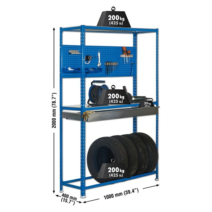 Simonrack Simonracing Metall-Reifenregal Box PlusL x B x H: 40 x 100 x 200 cm, Traglast: 200 kg/Boden, Anzahl Böden: 3 Stk., Blau Sketch