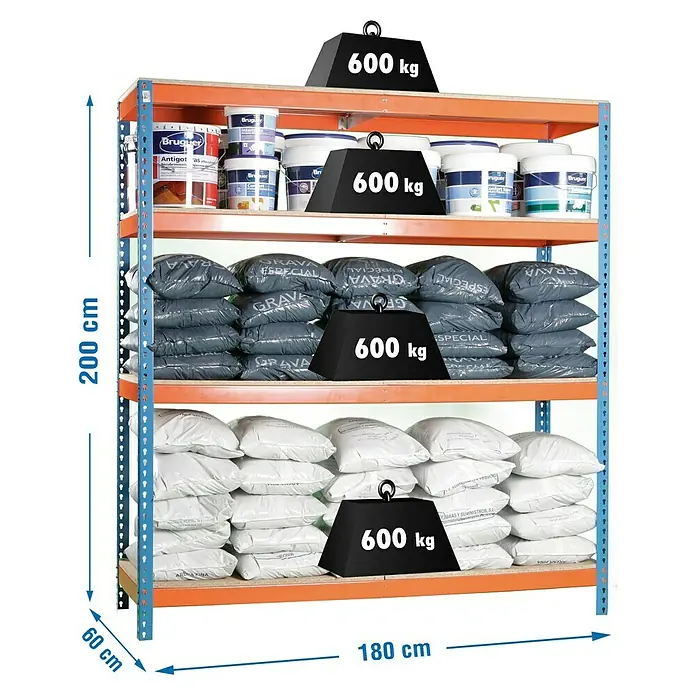 Simonrack Simonforte Schwerlastregal Simonforte Chipboard - H x B x T: 200 x 180 x 60 cm, Traglast pro Boden: 600 kg, Anzahl Böden: 4 Stk., Stecken, Blau/Orange - Abbildung eines belastbaren Schwerlastregals mit vier Ebenen, voll beladen mit Farbeimern und Sandsäcken.