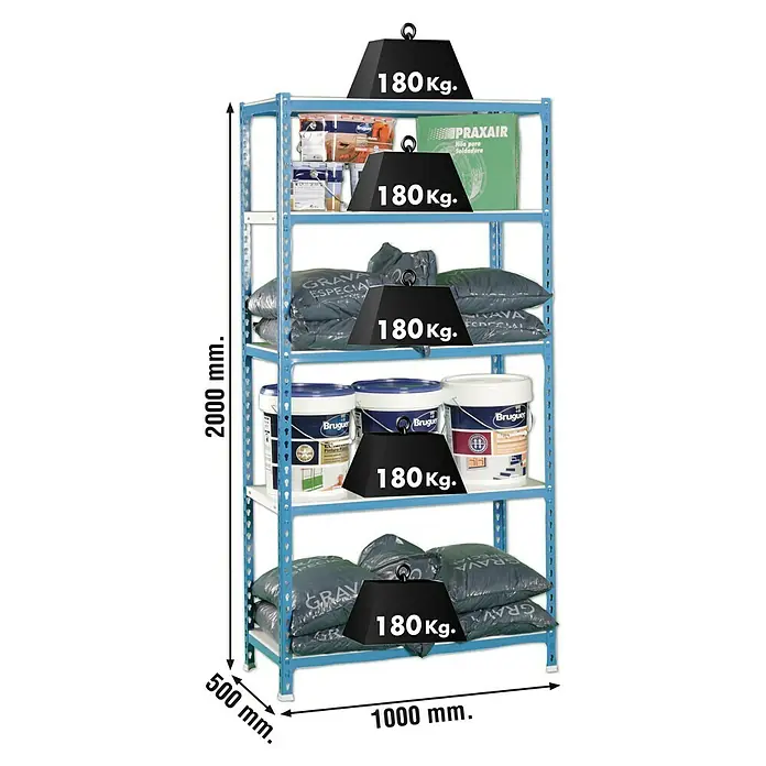 Simonrack Simonclick Metallregal Simonclick Plus - H x B x T: 200 x 100 x 50 cm, Traglast pro Boden: 180 kg, Anzahl Böden: 5 Stk., Stecken, Blau/Weiß - Abbildung eines beladenen, blauen Metallregals mit Farbbehältern und Zementsäcken, das mit Gewichten von 180 kg belastet ist.