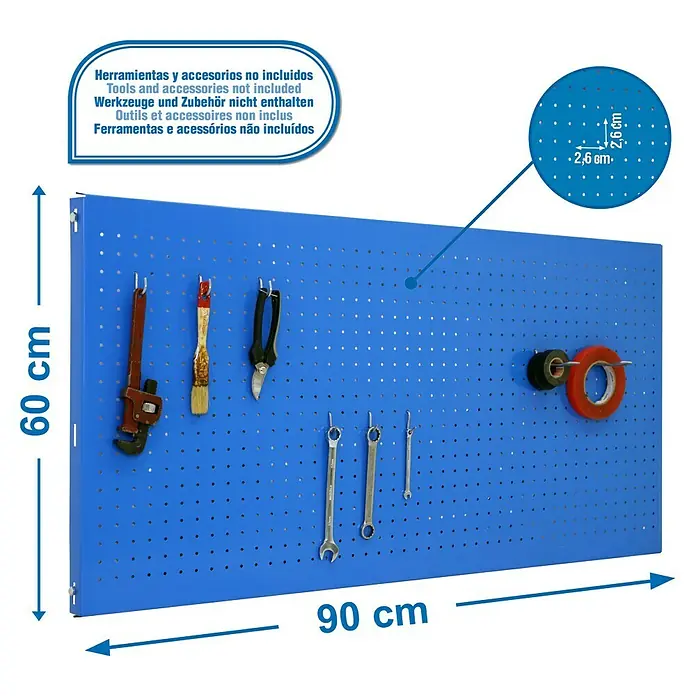 Simonrack Simonwork Banco de trabajo BT0 con panel 60 cm - L x An: 61 x 91 cm, Altura de trabajo: 84,2 cm, Carga soportada: 650 kg, Azul - Panel de herramientas azul con ganchos y herramientas, medidas 60 x 90 cm. Las herramientas y accesorios no están incluidos. Ideal para organizar el taller.