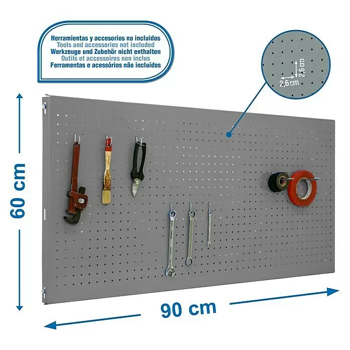 Simonrack Panelclick Panel perforado - An x L: 60 x 90 cm - Panel perforado de metal gris, 90x60 cm, con distancia entre agujeros de 2,6 cm. Mostrado con herramientas (no incluidas) para organización.