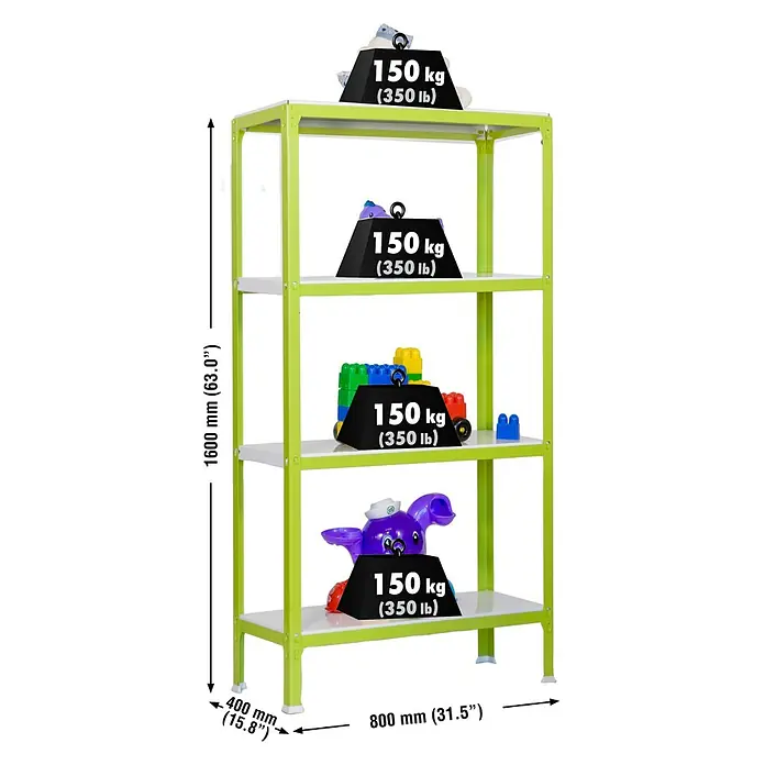 Simonrack Simonhome Estantería metálica Homeclick Color Mini - Al x An x Pr: 160 x 80 x 40 cm, Capacidad de carga por balda: 150 kg, Número de baldas: 4 ud., Inserción, Verde - Foto de una estantería de 4 niveles con juguetes e indicaciones de peso para demostrar la capacidad de carga.