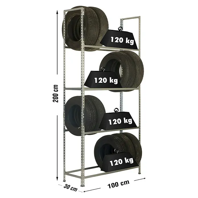 Simonrack Simonauto Reifenregal Autoclick - H x B x T: 200 x 100 x 30 cm, Anzahl Träger: 4 Stk., Stecken, Silber - Reifenregal mit vier Ablagen, beladen mit Autoreifen und Gewichten, Maße 200 cm hoch, 100 cm breit, 30 cm tief.