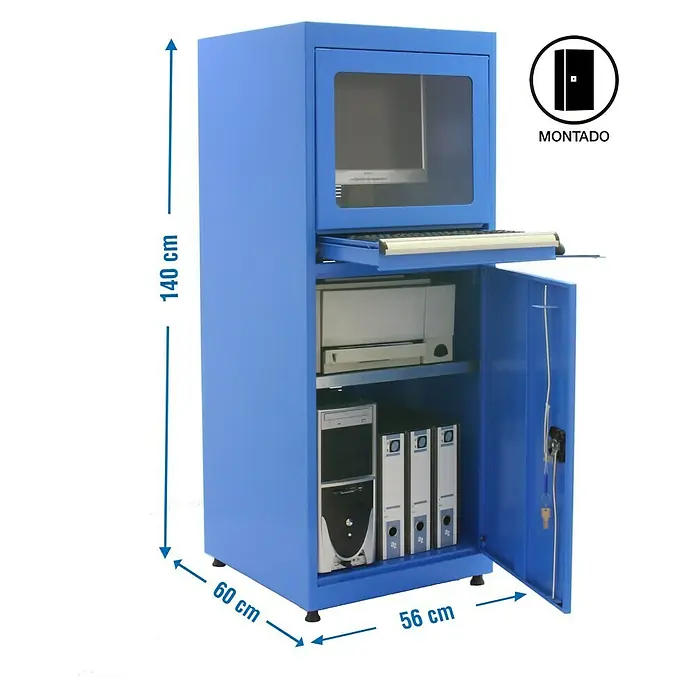 Simonrack Simonlocker Armario multiusos metálico Computer - L x An x Al: 60 x 56 x 140 cm - Armario azul para ordenador con compartimento para pantalla, bandeja extraíble para teclado y puerta con llave para IT y documentos.