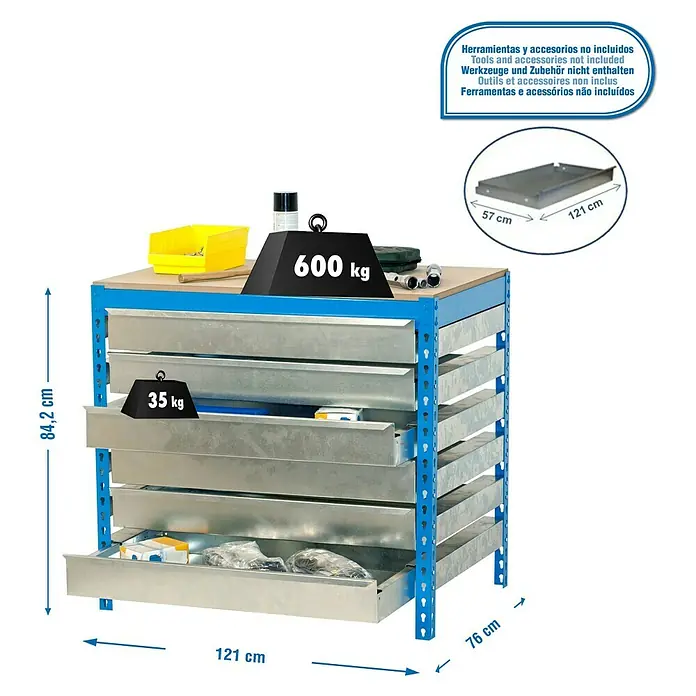 Simonrack Simonwork Werkbank BT5 Box 6 1200 - L x B: 76 x 121 cm, Arbeitshöhe: 84,2 cm, Belastbarkeit: 810 kg, Blau - Bild eines Werkstattschranks mit Schubladen, belastbar mit bis zu 600 kg auf der Arbeitsfläche und 35 kg pro Schublade.