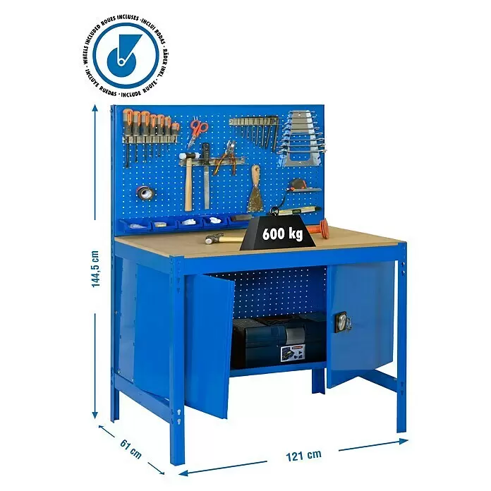 Simonrack Simonwork Werkbank MOBILE BT2 CABINET - L x B: 61 x 121 cm, Arbeitshöhe: 144,5 cm, Belastbarkeit: 120 kg, Blau - Skizze