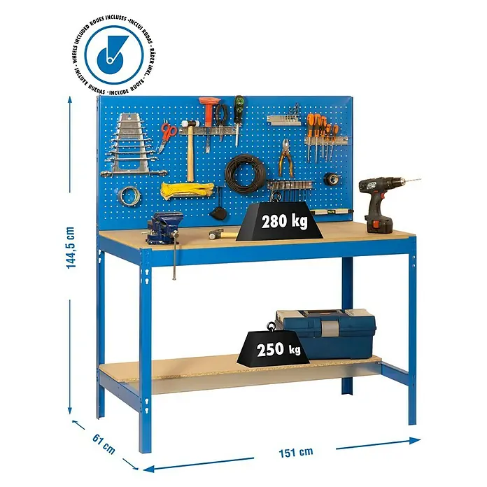 Simonrack Simonwork Banco de trabajo BT2 Mobile - L x An: 61 x 151 cm, Altura de trabajo: 144,5 cm, Carga soportada: 120 kg, Azul - Banco de trabajo con panel portaherramientas, soporta hasta 280 kg en la superficie y 250 kg en el estante inferior.