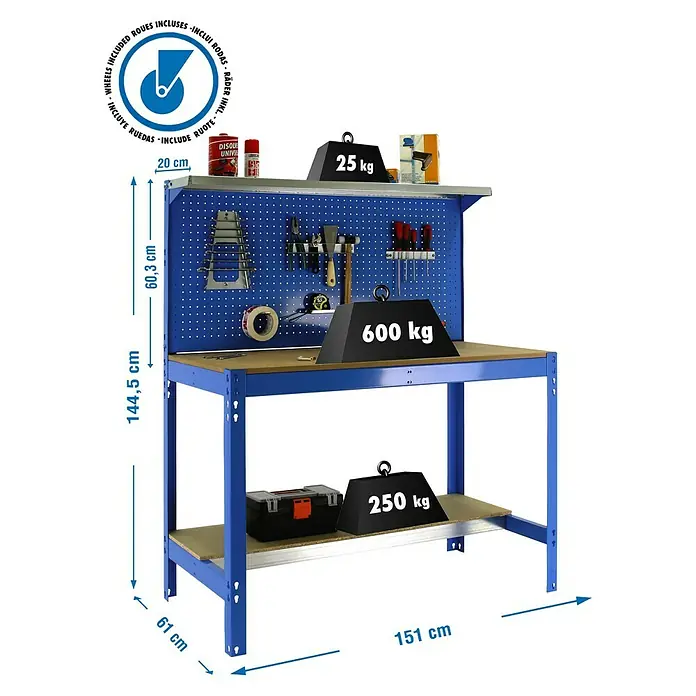 Simonrack Simonwork Banco de trabajo BT3 Mobile - L x An: 61 x 151 cm, Altura de trabajo: 144,5 cm, Carga soportada: 120 kg, Azul - Un banco de trabajo azul con superficie, panel perforado y estante adicional para herramientas y accesorios.