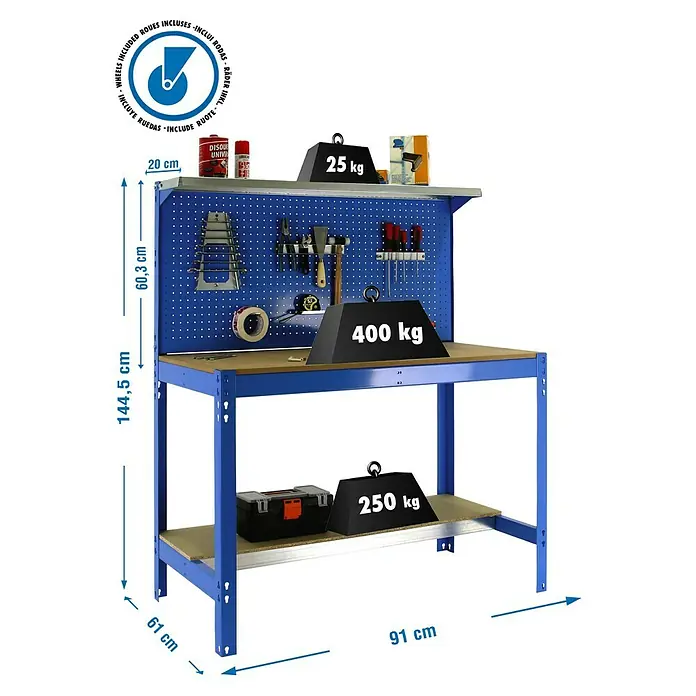 Simonrack Simonwork Banco de trabajo BT3 Mobile - L x An: 61 x 91 cm, Altura de trabajo: 144,5 cm, Carga soportada: 120 kg, Azul - Un banco de trabajo azul con amplio espacio de almacenamiento, cargable con pesos de 25 kg, 250 kg y 400 kg, ideal para cualquier taller.
