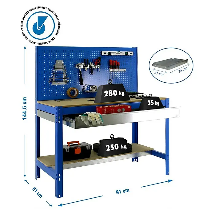 Simonrack Simonwork Banco de trabajo BT2 Box Mobile - L x An: 61 x 91 cm, Altura de trabajo: 144,5 cm, Carga soportada: 120 kg, Azul - En la imagen se muestra un banco de trabajo con superficie, cajón y estante inferior para guardar herramientas y accesorios.