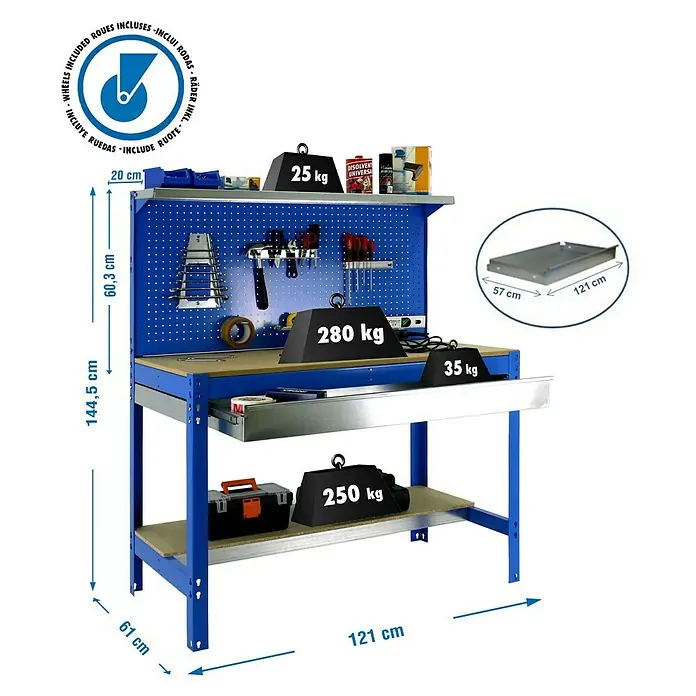 Simonrack Simonwork Banco de trabajo BT3 Box Mobile - L x An: 61 x 121 cm, Altura de trabajo: 144,5 cm, Carga soportada: 120 kg, Azul - Banco de trabajo con panel de herramientas y cajón, cargable con diferentes pesos, ideal para taller.