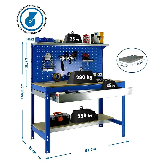 Simonrack Simonwork Banco de trabajo BT3 Box Mobile - L x An: 61 x 91 cm, Altura de trabajo: 144,5 cm, Carga soportada: 120 kg, Azul - Imagen de un banco de trabajo con accesorios y dimensiones que indican su tamaño. Construcción robusta para profesionales y aficionados al bricolaje.