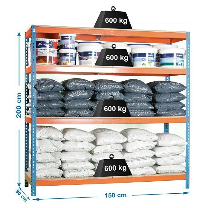 Simonrack Simontaller Metall-Schwerlastregal (L x B x H: 90 x 150 x 200 cm, Traglast: 600 kg/Boden, Anzahl Böden: 4 Stk., Blau/Orange)